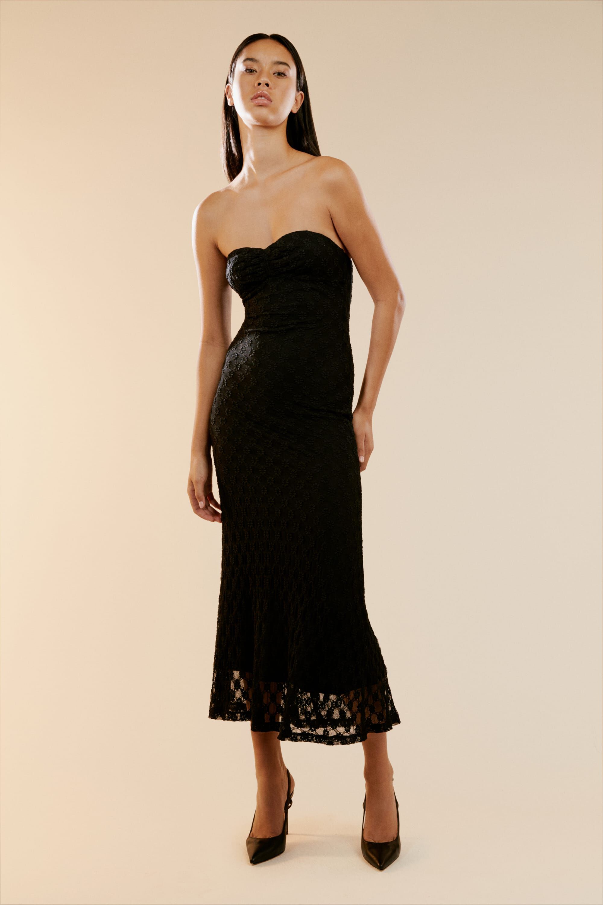 Adoni Strapless Midi Dress In Black Bardot